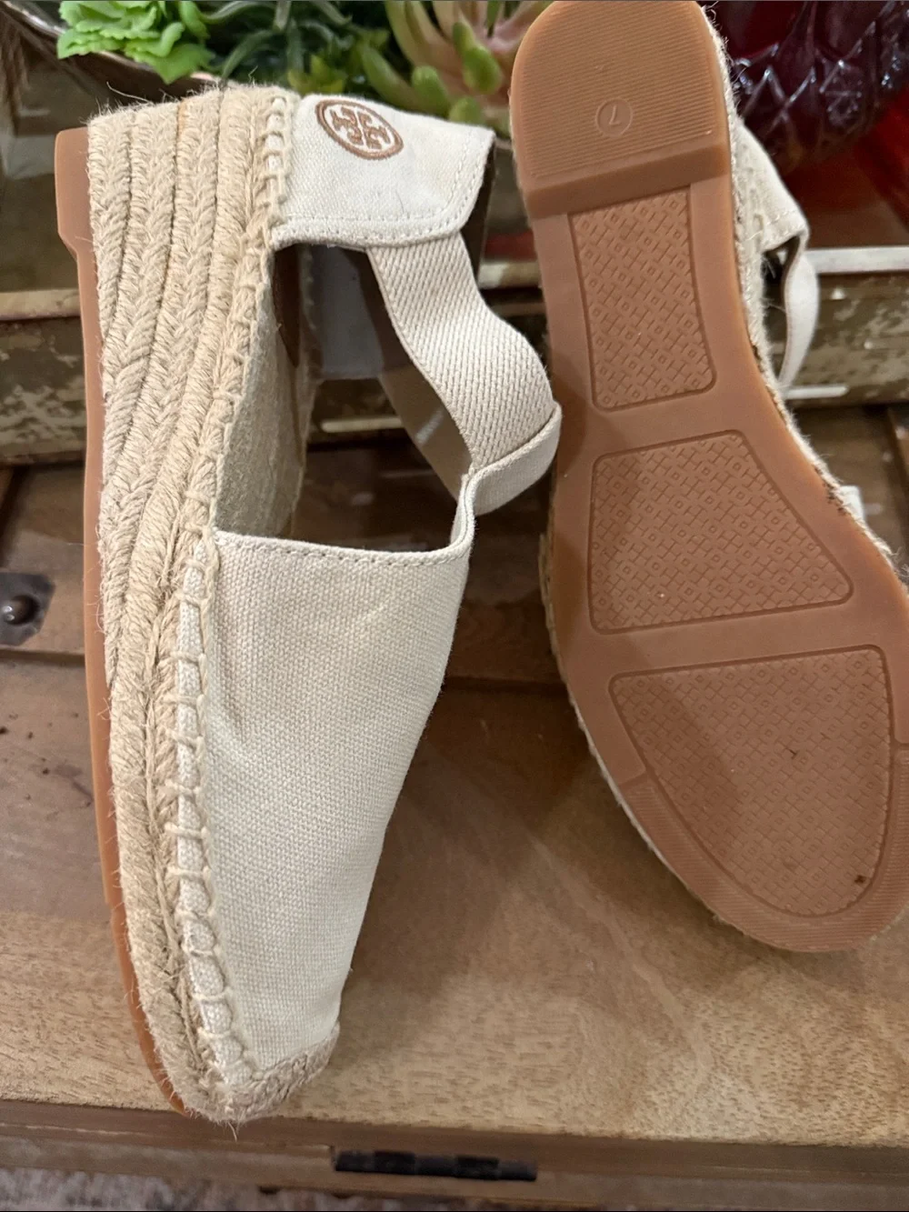Tory Burch Cream Canvas Espadrille Wedge Sandals
